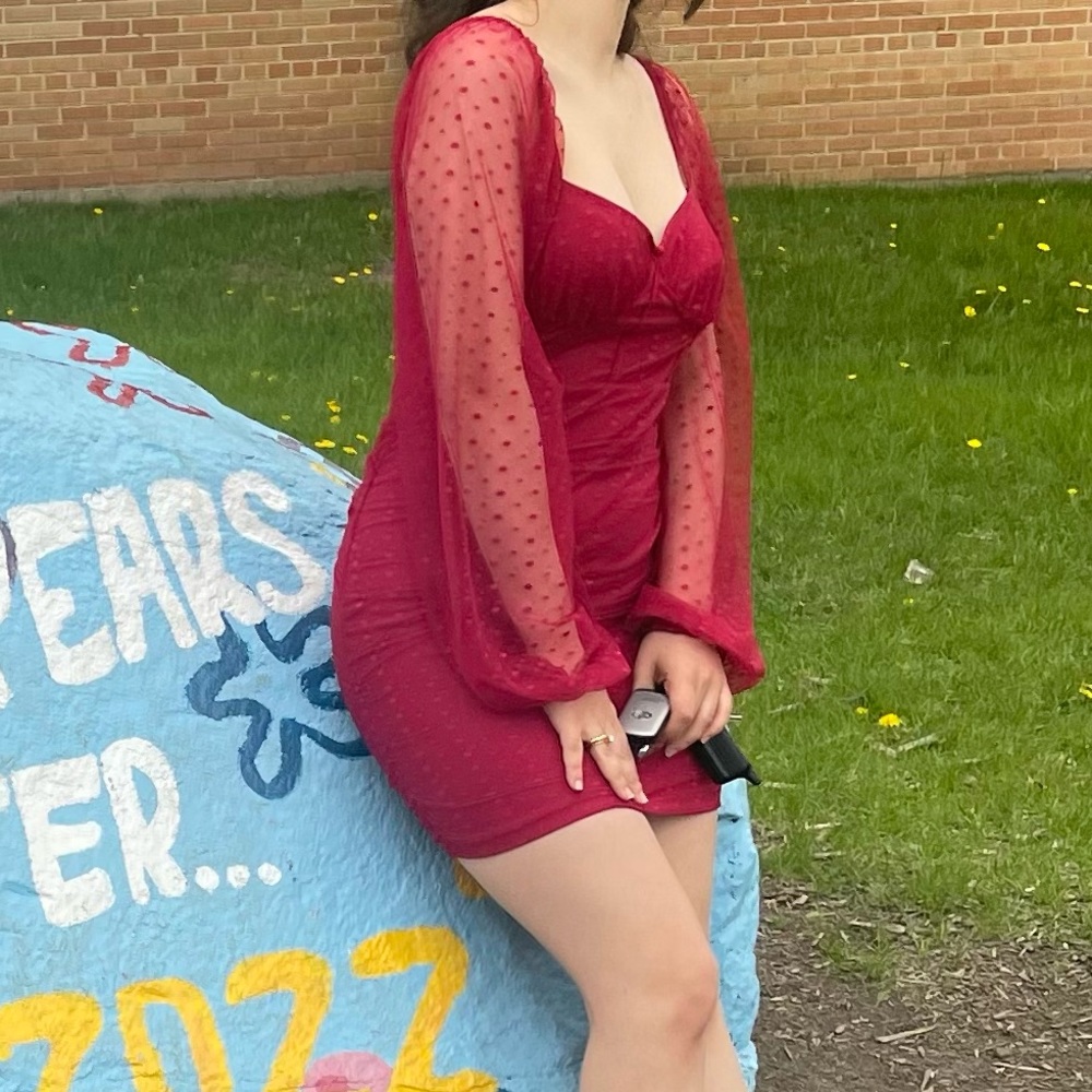 Red see through sleeve dress